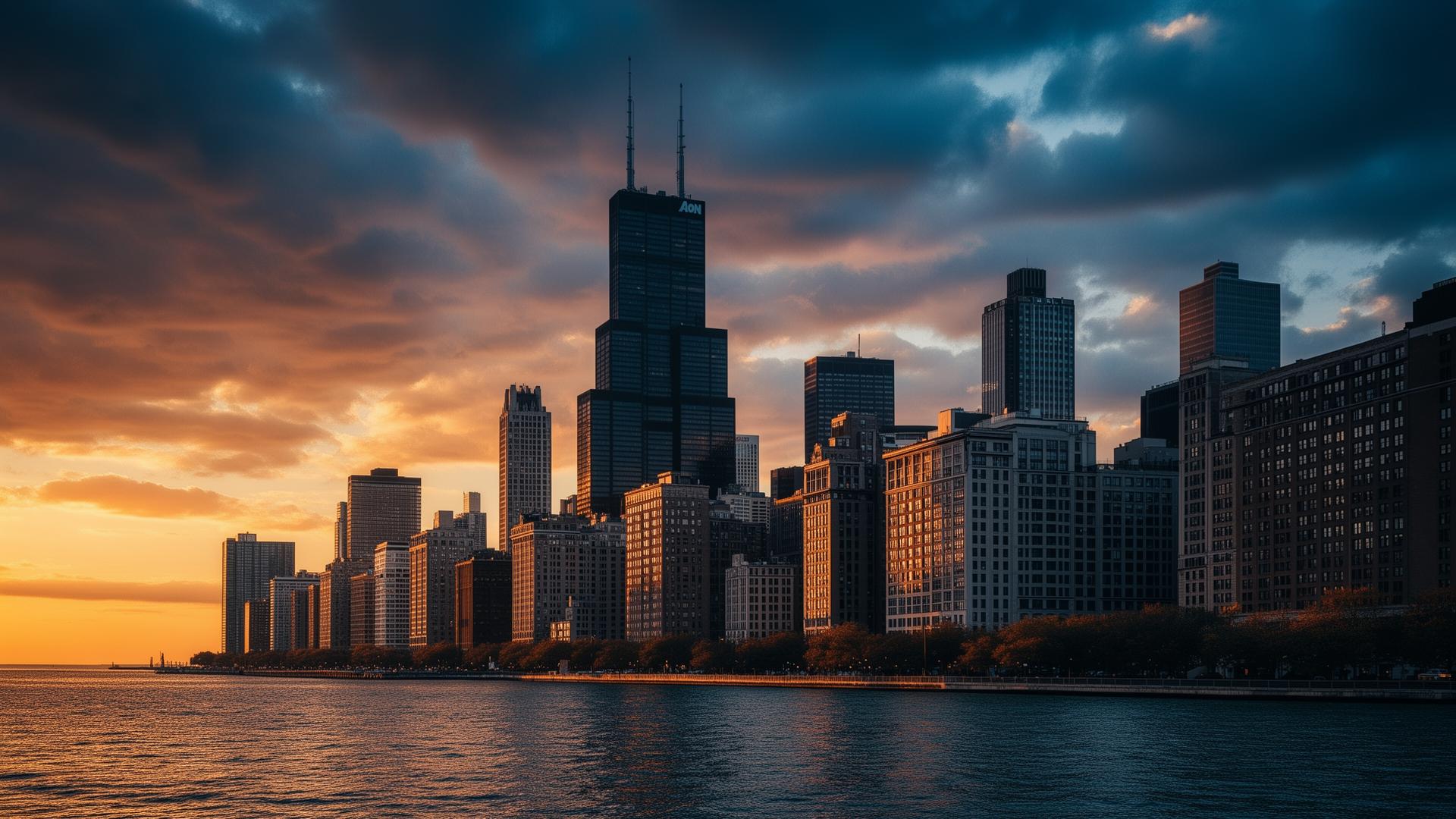 Chicago skyline at sunset